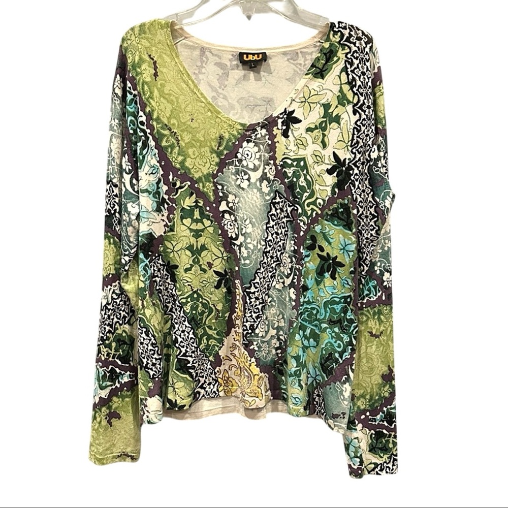 Silk Lightweight Knit Long Sleeve‎ Sweater V-Neck Abstract Floral Y2K Grunge Lg